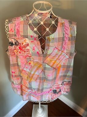 Upcycled Plaid Patchwork Tank with Neon Paint Splatter